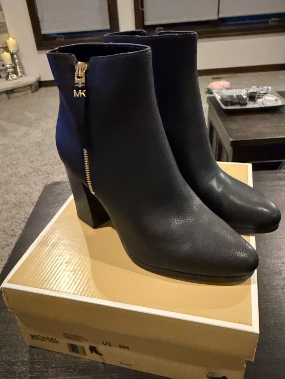 Michael Kors Black Leather Block Heel Ankle Boots with Gold Zip